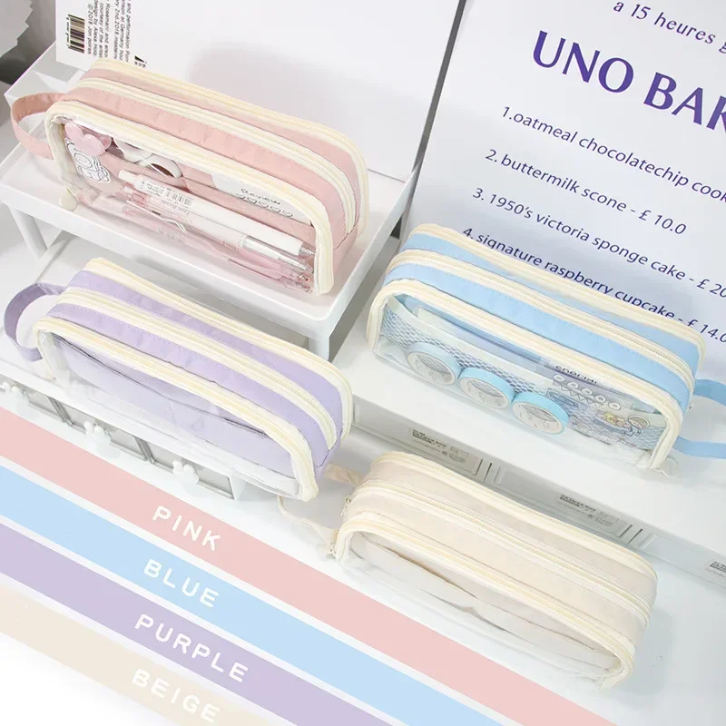 1 Piece Lovely Pencil Case Korean Fashion Solid Color Series Pencil Bag Transparent High Capacity Stationery Storage Bag Student