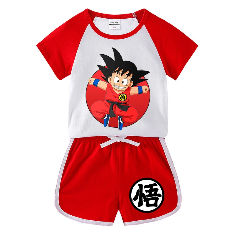2 stks Dragon Ball T-shirt + shorts Kinderkleding Cartoon Anime Korte Mouw Pak Kid Goku Trendy Thuis Kleding geschenken Cool Tee
