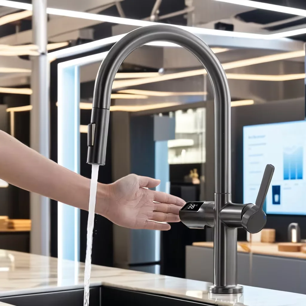 

Deck Mounted Kitchen Sink Faucet Mixer Thermostatic Hot & Cold Water Tap with Digital Temperature Display Brass Ceramic Material