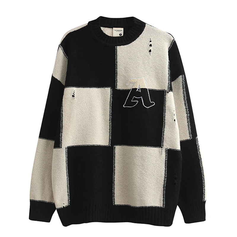 

Mens Knitted Sweater Harajuku Plaid Letter Embroidery Oversized Sweater Casual Ripped Holes Pullovers Streetwear Sweaters Unisex