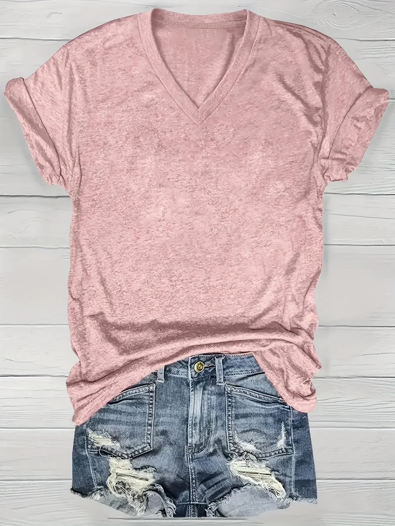 [Von Nianlian ausgewählt] Einfarbiges T-Shirt mit V-Ausschnitt, lässiges T-Shirt mit kurzen Ärmeln für Frühling und Sommer, Damenbekleidung. – Detail 4
