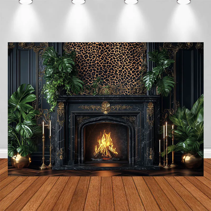 LS Dark Photography Background Fireplace Relief Wall Green Plant Decor Adult Portrait Photo Backdrop Studio