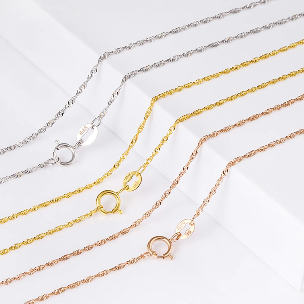 Authentic Pure 18K Multi-tone Gold Necklace Singapore Chain 16 /18inch Female Gold 0.7mm/1mm/1.3mm Link Jewelry Gift