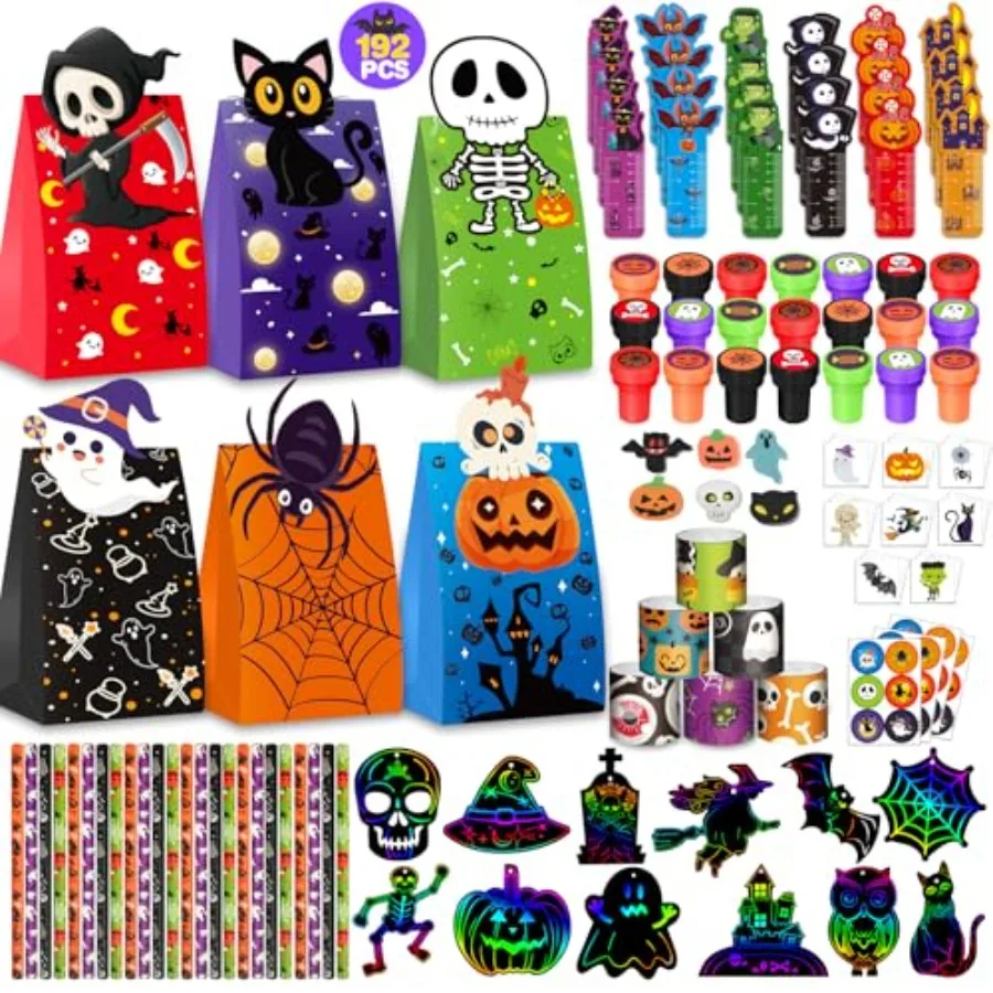 192PCS Halloween Party Favors Gift for,24 Pack Halloween Stationery Gift Set for Trick or Treat, Goody Bags Fillers Party plies