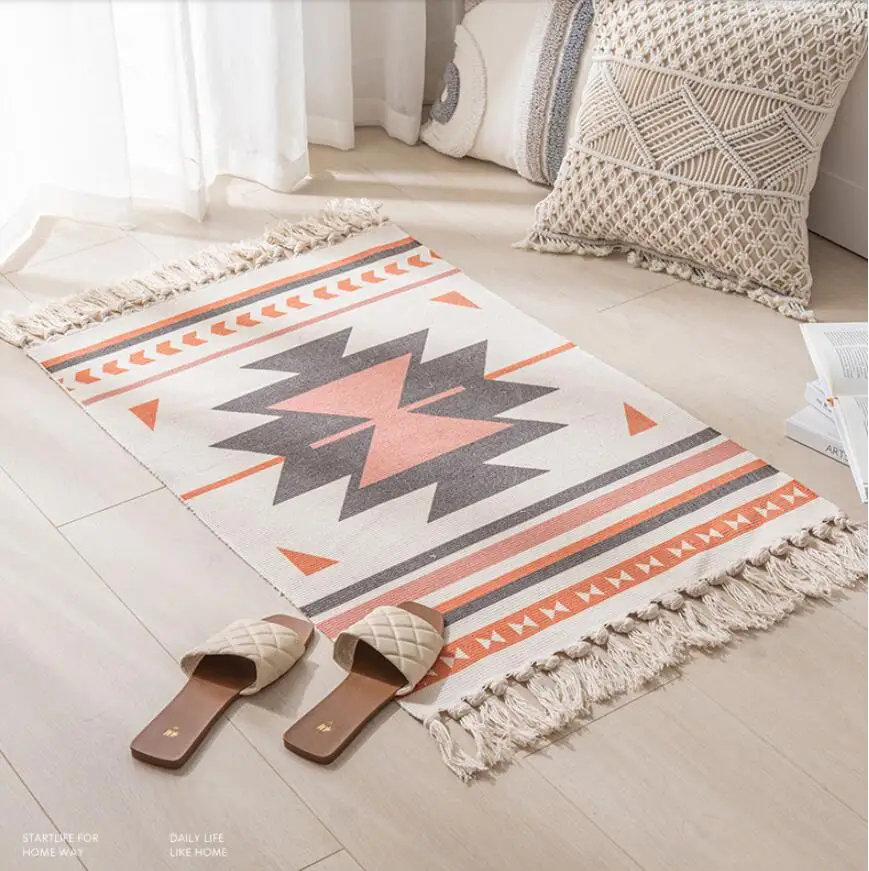 Kilim Carpet Handmade Cotton Line Tassel Weave Boho Geometr Foot Pad For Bedroom Living Room Rugs Church Prayer Mat Bath Doormat