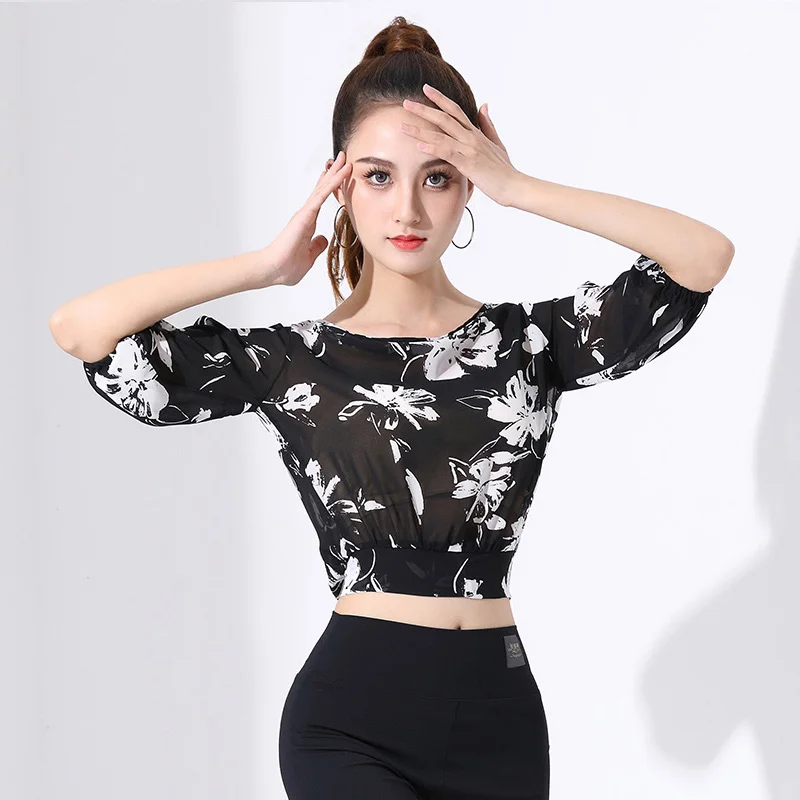 

2024 New Latin Dance Tops Women's Printed Latin Practice Suit Fashionable National Standard Dance Black Latin Clothes DQL8540