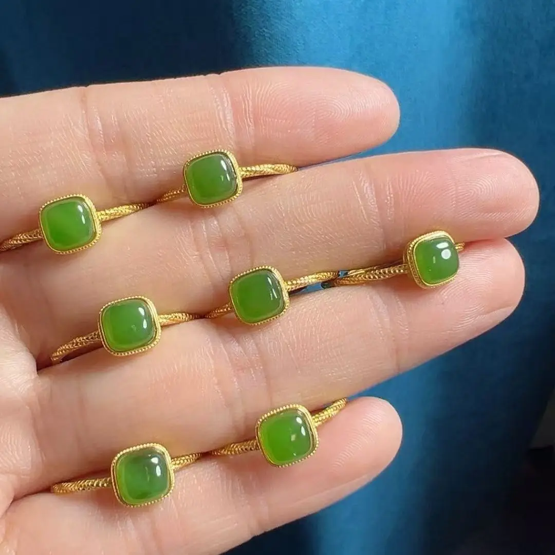 

Hetian jade natural jasper women's ring niche inlaid s925 jade high-end fashion live ring single price