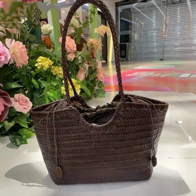 

Французская большая сумка из натуральной кожи ручной работы, большая сумка-корзина для овощей с повседневной тканой внутренней сумкой, большая сумка на плечо под мышками