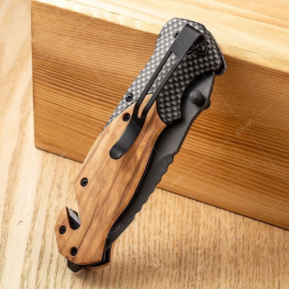 Wooden Handle Outdoor Folding Knife High-hardness Rope Cutting Tools Multi-functional Outdoor Camping Fishing Knives with Clip
