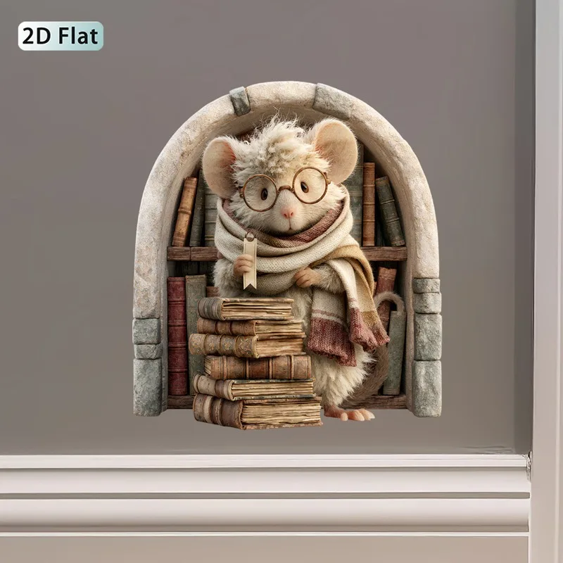 VIKAMA Fluffy Mouse Glasses Books Wall Sticker Xmas Cozy Study Self-Adhesive Decor for Living Room Bedroom Dorm