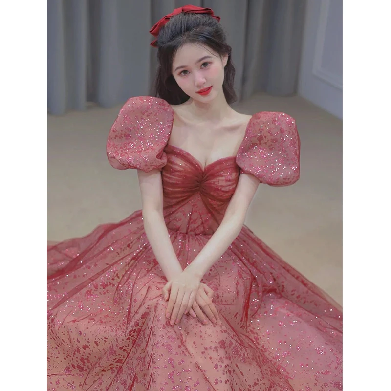 

Красное свадебное платье для невесты в корейском стиле, с коротким рукавом, завышенной талией, длиной в пол, для торжественных мероприятий