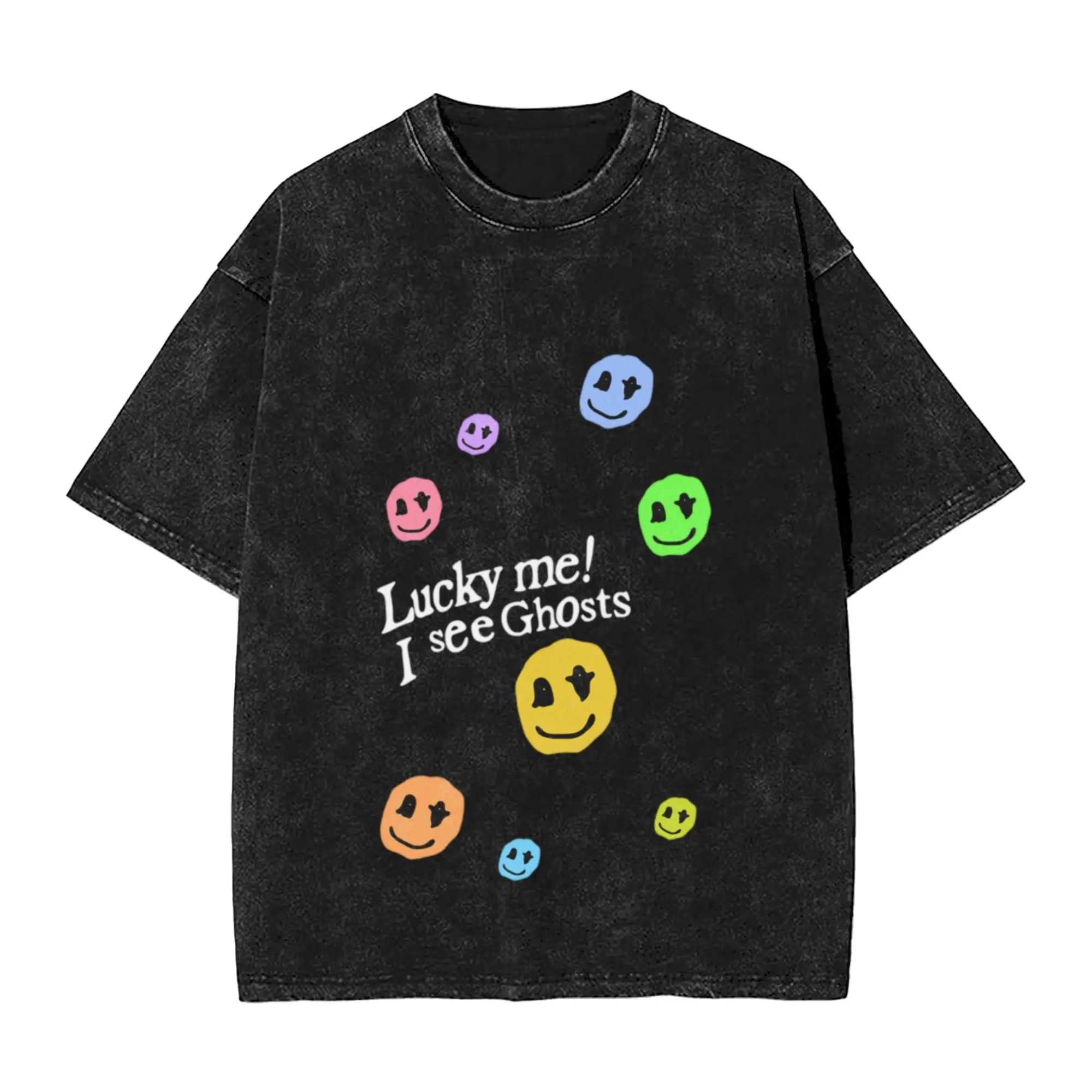 Lucky Me I See Ghosts White Rainbow Unique Stylish A Washed T Shirt Men's Women's Oversized Cotton Tees Tops
