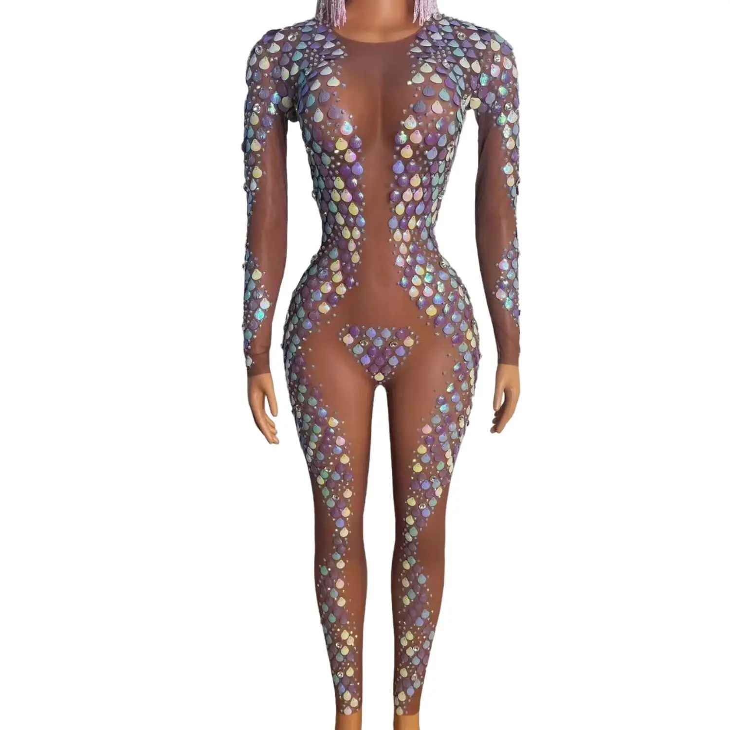 Macacão de Manga Longa em Tule Transparente com Cristais Multicoloridos Caibei, Luxuoso, para Festivais de Música e Festas