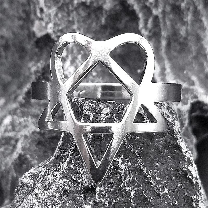 Rock Music Him Heartagram Rings for Men Women Stainless Steel Silver Color Star Heart Adjustable Ring Party Gift Jewelry R25S06