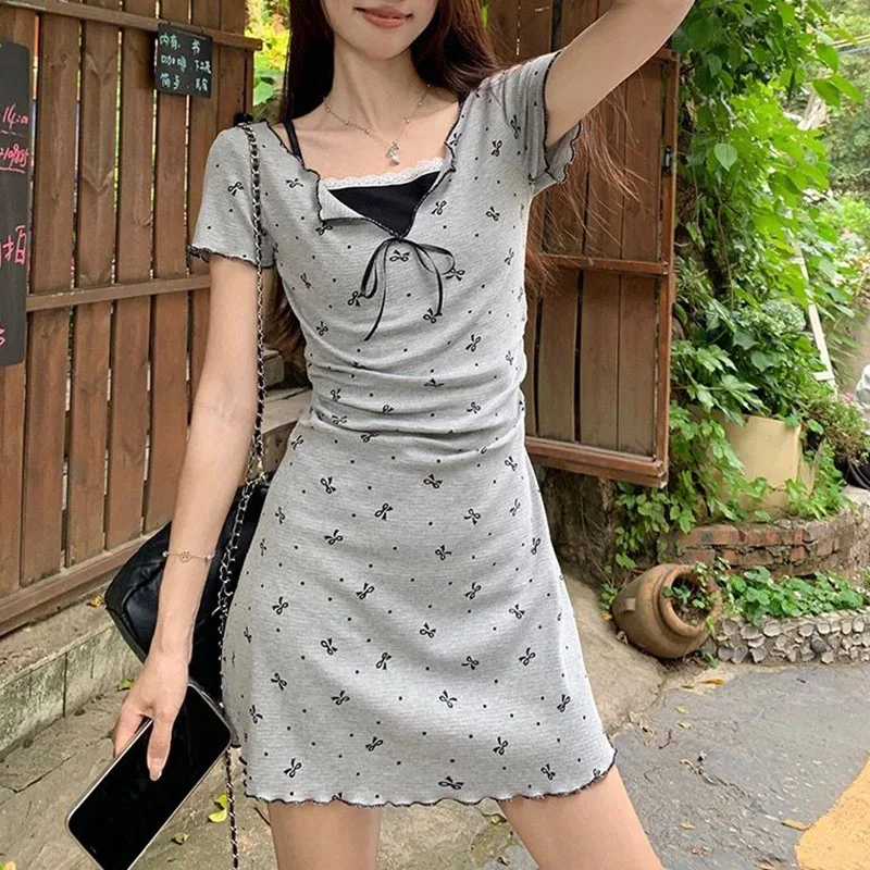 Lucyever Fake Two Piece Bowknot Print Dress Women Summer Lace Patchwork Short Sleeve Dresses Korean Fashion Slim Mini Dress Lady