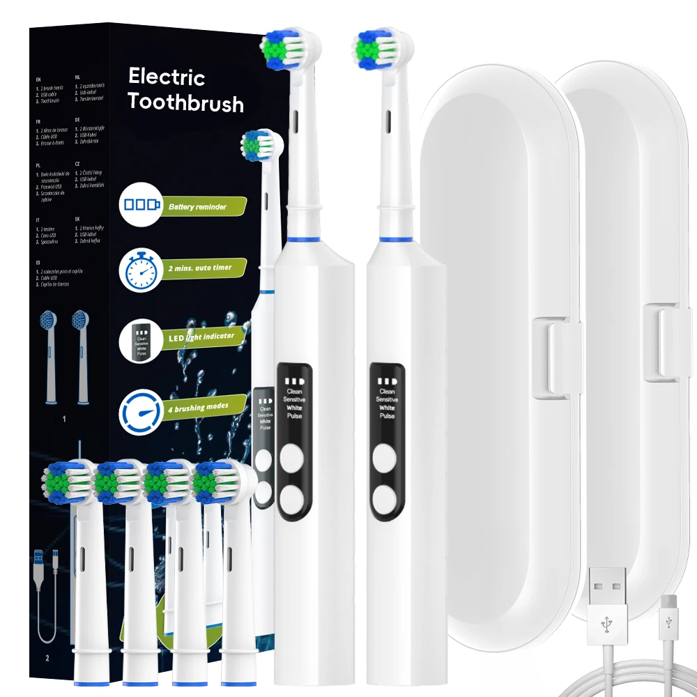 2 Pack Smart Rotary Electric Toothbrush Set, 4 Modes Rechargeable Rotating Toothbrushes Compatible with Oral B Replacement Heads