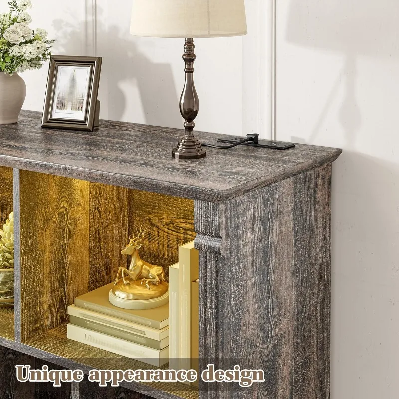 LED 조명과 충전 스테이션이 있는 10개의 큐브 수납 정리함, 침실 거실용 나무 큐브 선반 디스플레이 캐비닛