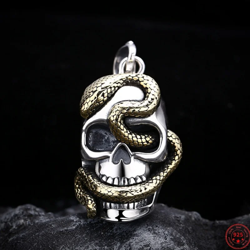 Genuine S925 Sterling Silver Pendants for Women Men New Fashion Relief Python Skull-head Vintage Punk Jewelry Wholesale