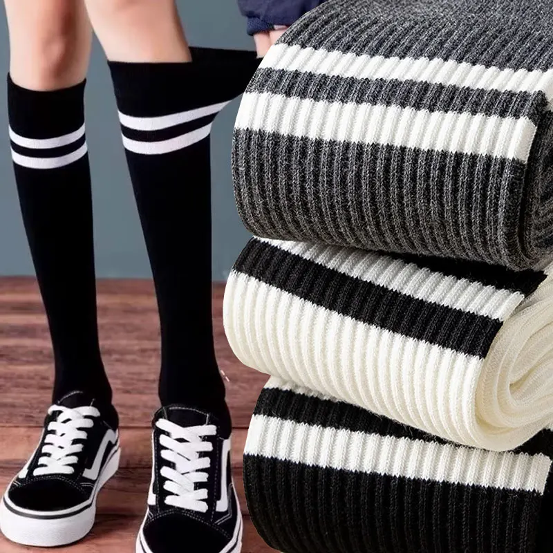 

Japanese JK Striped Long Socks Women Girls Cotton Black White Knee High Stockings Students Cute Solid Color Long Tube Socks