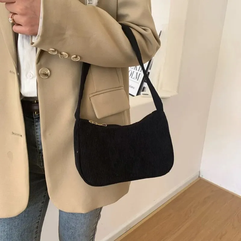 Retro Underarm Bag Women's Half Moon Shoulder Bag Fashion Solid Color Small Handbags For Women New Zipper Corduroy Clutch