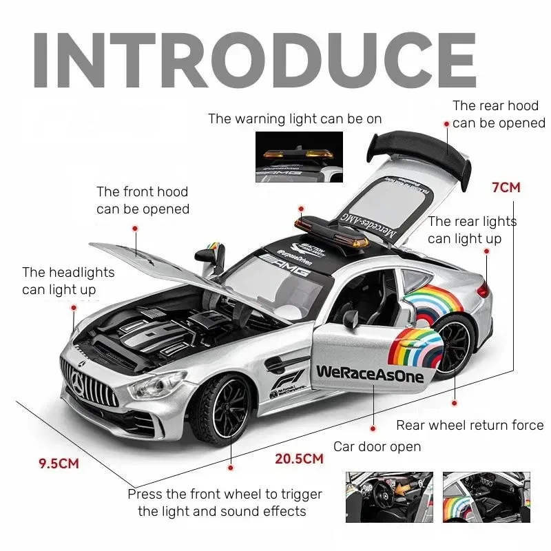 Coche de seguridad mercedes-benz AMG GT F1, modelo de coche de aleación con sonido y luz, coche de juguete extraíble, colección de decoración, regalo, 1:24