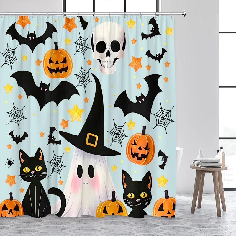 Cartoon Halloween Shower Curtains Black Bat Cat Ghost Pumpkin Skull Bath Curtain Set Fabric Home Bathroom Decoration with Hooks