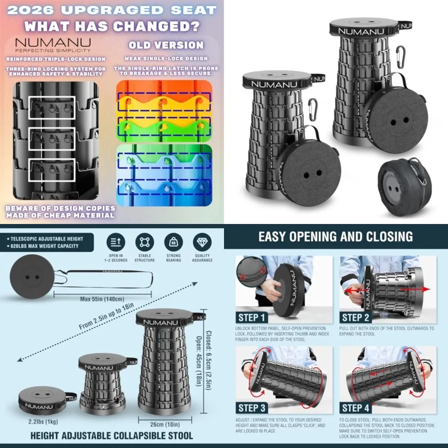 

2PK 2026 Upgraded Collapsible Stool, Max 620lbs, 18 H Adjustable Portable Folding Stool for Adults, Retractable Foldable Telesc