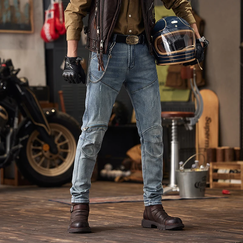 2024 Motorcycle Pants Men's Fashion Design Retro Stretch Tight Wear-Resistant Fashion Brand Street Punk Motorcycle Jeans