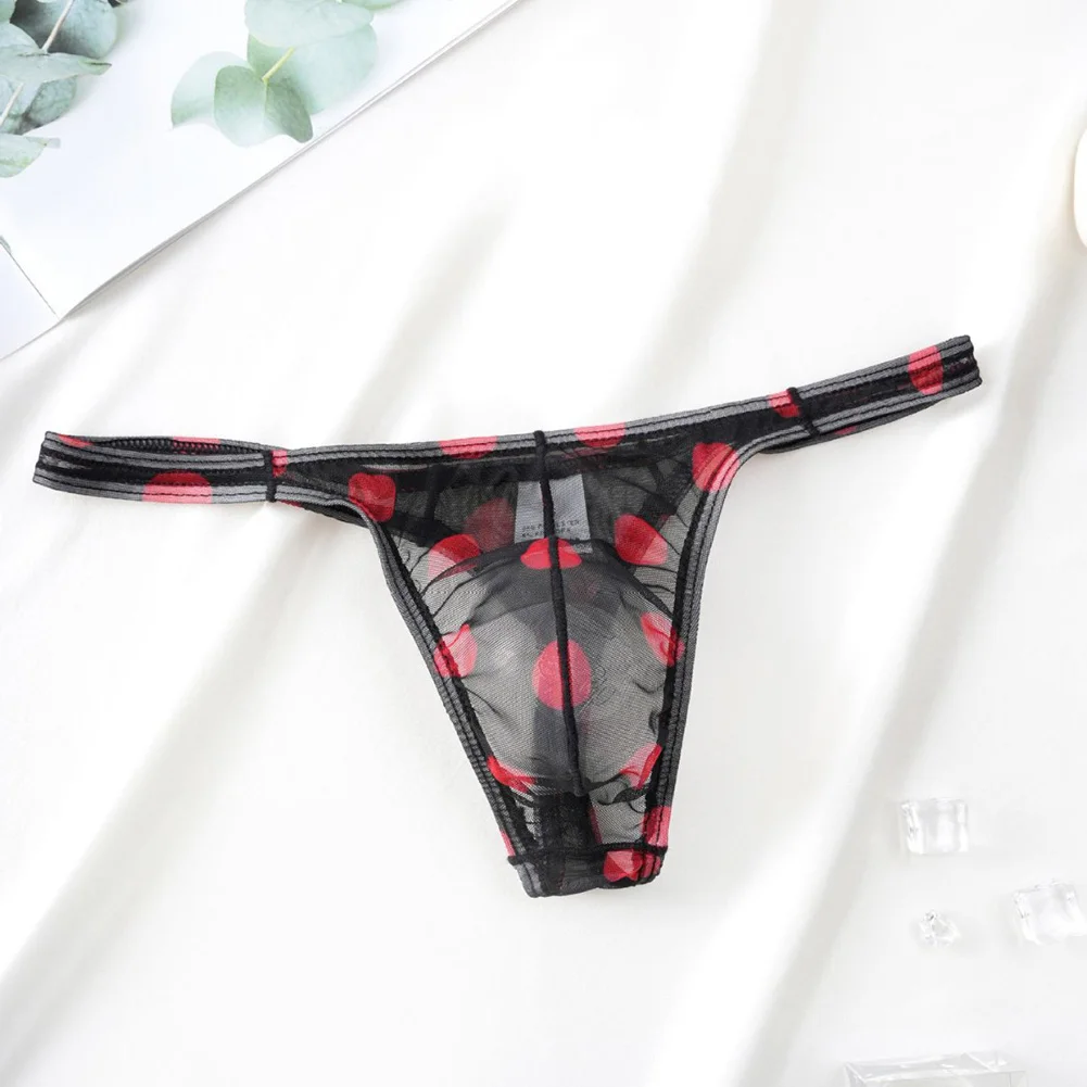 

Men Mesh Translucent Printed Panties Soft Sleep Underwear Sexy Thongs Femboy U Pouch Lingerie Breathable Briefs G-string T-Back