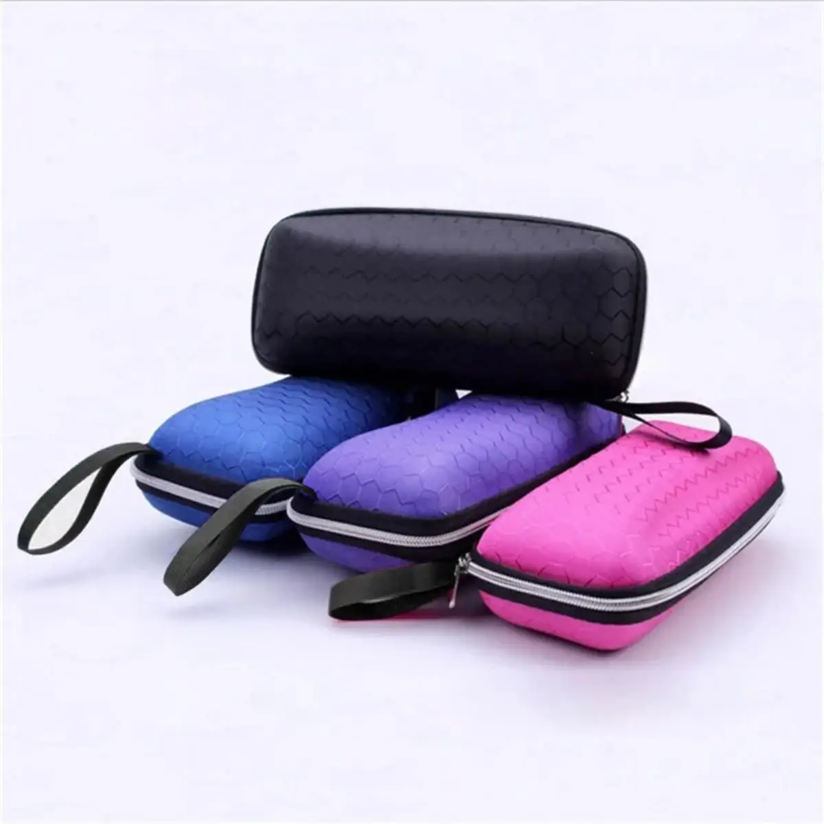 1pc Honeycomb Pattern Glasses Case Protable Minimalist Hard Eyewear Protector With Lanyard Zipper Eyeglasses Storage Box Accesso