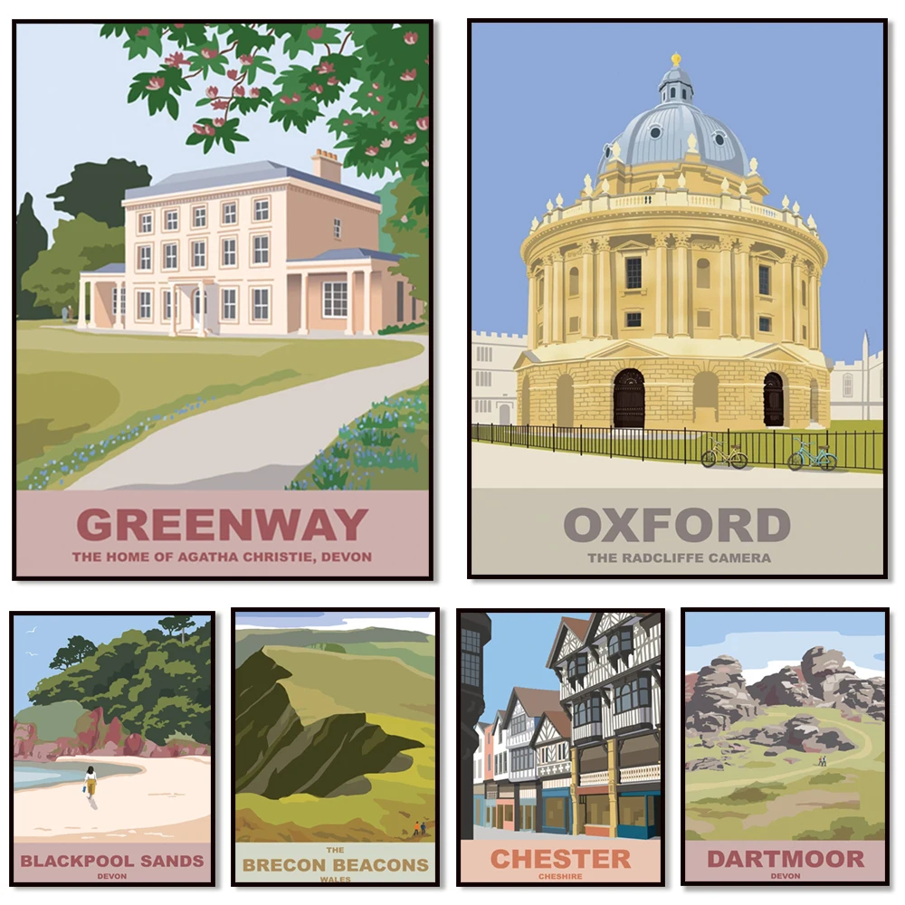 Lake District Lake Windermere, Blackpool sandy beach, Dartmoor, Devon, Welsh mountains, Chester Millennium Dome travel poster
