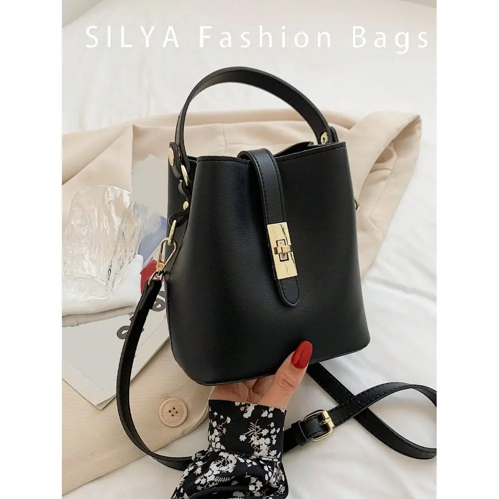 

Casual Crossbody Bucket Bag Solid Color, Double Layer PU Material Handbag, Magnetic Closure, Adjustable Shoulder Strap Lightwei