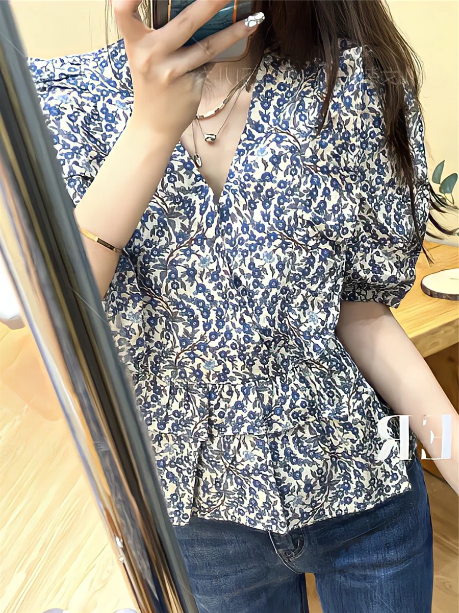 Bloemenprint V-ne Bubble Sve Slim Fit Dames irt Faionable Veelzijdige zomertop Woon-werkverkeer Sle ort Sve Casual