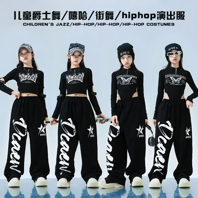 زي رقص هيب هوب للأطفال، نموذج فتاة، أكمام طويلة، نمط عصري، طقم بنطلون أسود