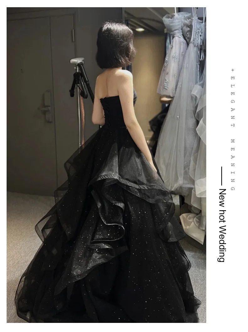 Temperament Black Elegant Wedding Party Dresses Strapless Tiered Draped Graduate Robe 2025 New Ball Gown Formal Dress Quinceaner