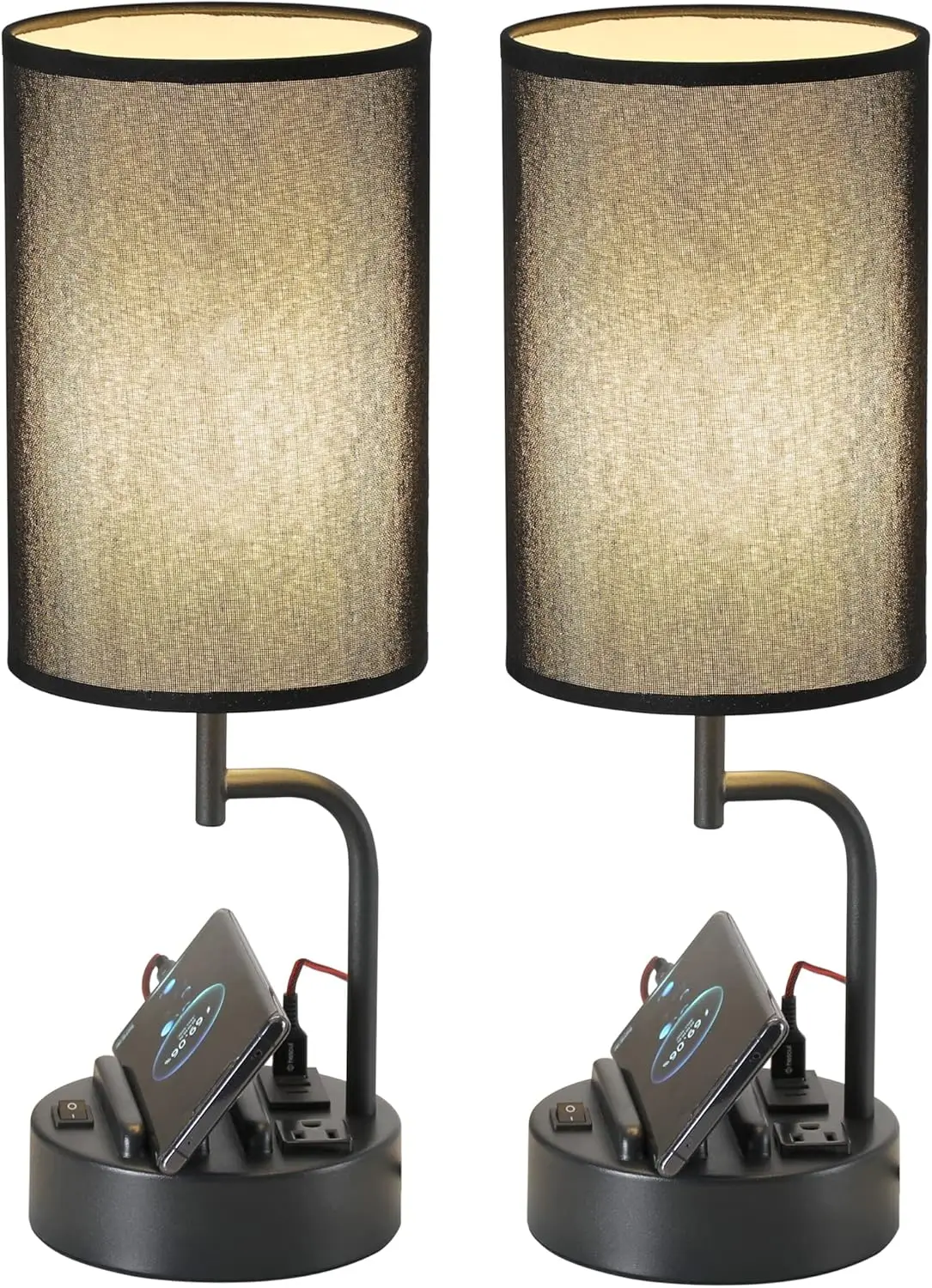 

Современная настольная лампа с 3 USB-портами, розеткой переменного тока и подставками для телефона — идеально подходит для спальни, офиса (2 шт., черный цвет)