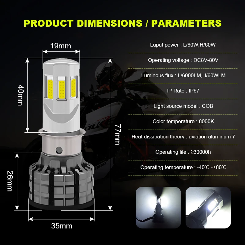 EURS 60W H4 6000K Motorcycle LED Headlight Bulb HS1 BA20D P15D H6M 6000LM For Motorbike 6COB Scooter bulb Flash Accessories