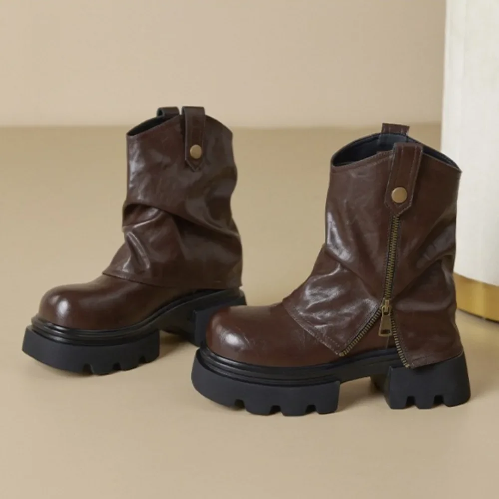 

Platform Boots Woman Platform Short Boots Spring and Autumn 2025 New Short Tube Retro Brown Stacking Boots Women's Shoes