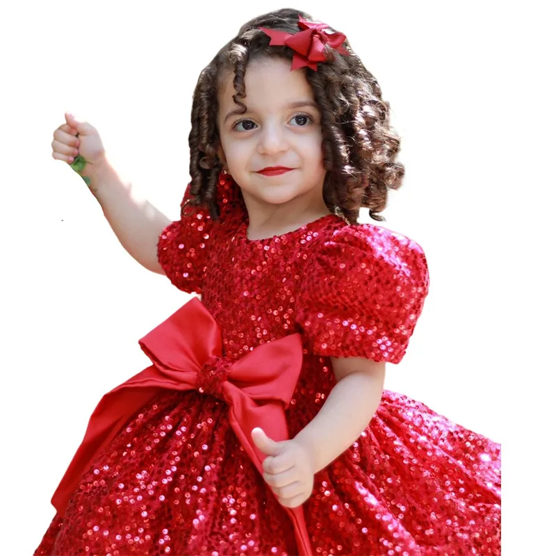

Red Sequin Princess Dress for Girls 2025 Sparkling Tutu with Bubble Sleeves and Bow Elegant Birthday Party Gown Kids Girls Dress