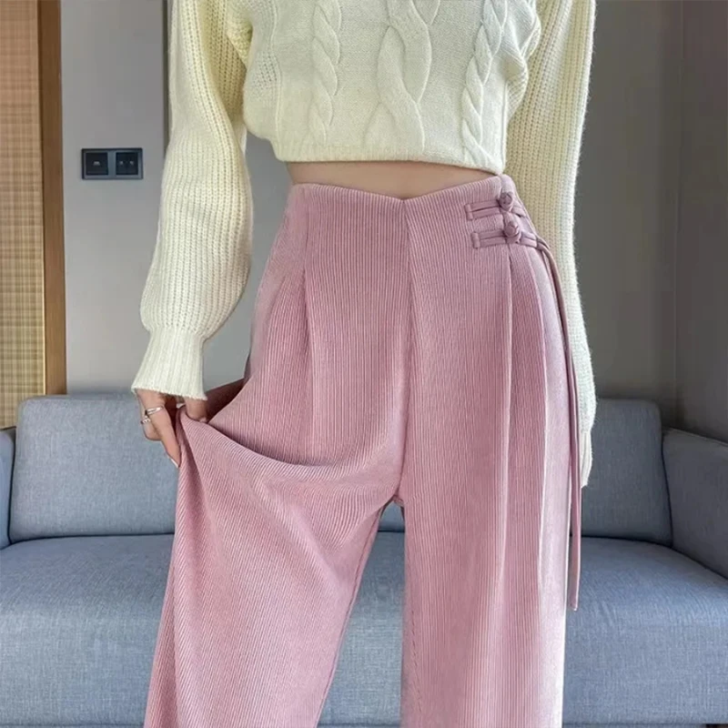 Women Thicken Chenille Fabric Straight Leg Pants Chinese Button Casual Wide-leg Trousers Autumn Winter With/without Velvet Pants