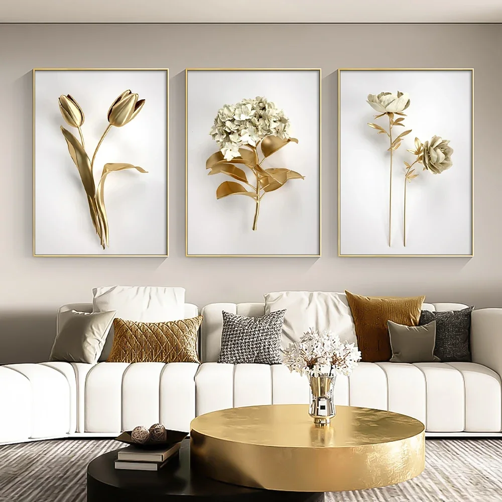 Scandinavian Simple Wall Art Gold White Botanical Leaves 3D Visual Flower HD Canvas Poster Prints Home Bedroom Living Room Decor