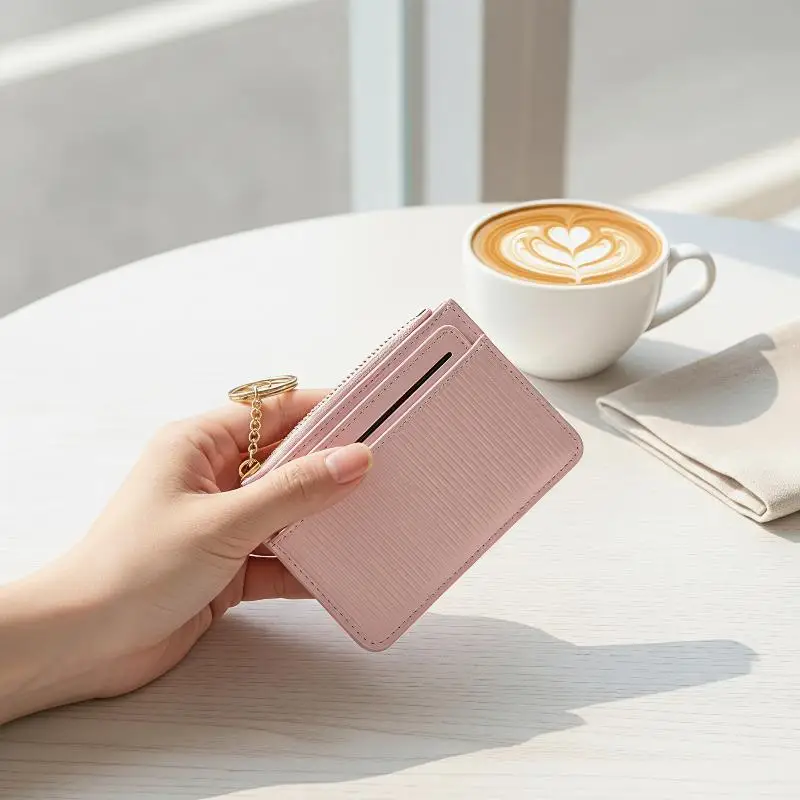 Striped PU Leather Card Holder With Multiple Card Slots Zipper Pocket And Keychain Perfect For Daily Commute Shopping Travel