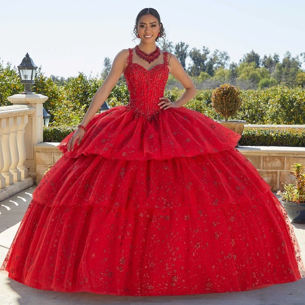 EVLAST-vestido quinceanera vermelho mexicano, vestido de baile princesa, cristais em espaguete, espartilho frisado, XV Años, TQD098, 2024