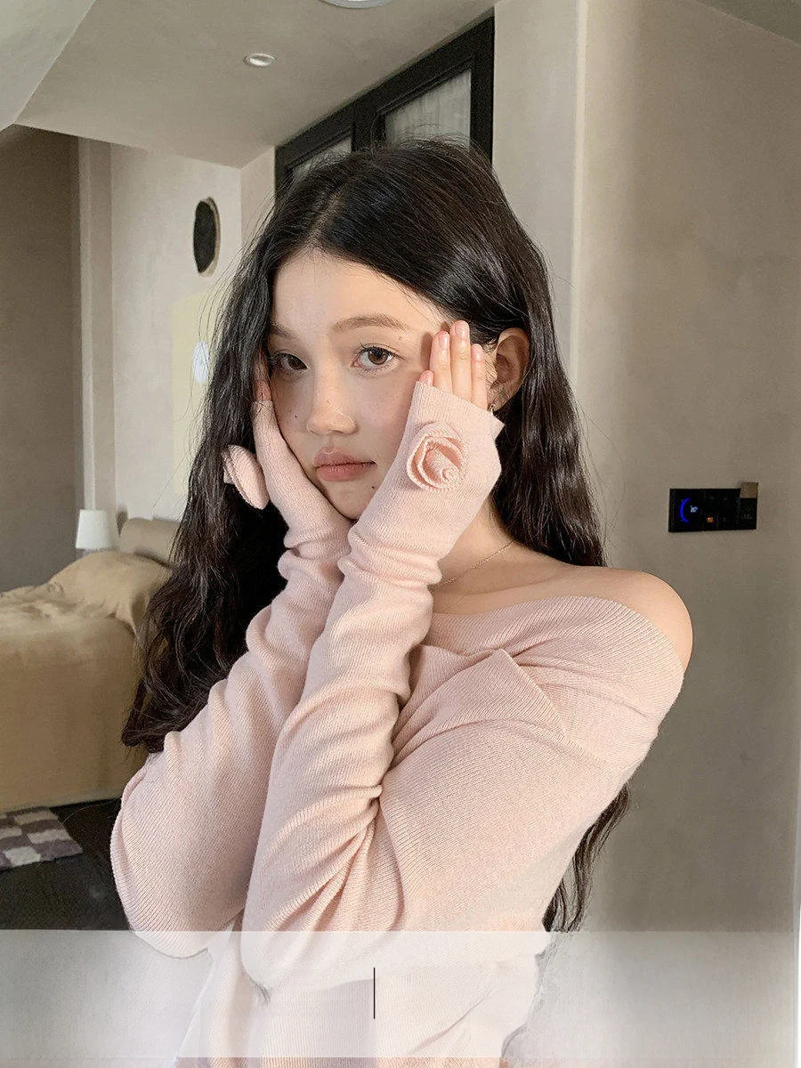 

Linyunyun Gentle Pink Slant oulder Knitted Sweater Women's Faion Casual Loose Fit Long Sve One-oulder Top