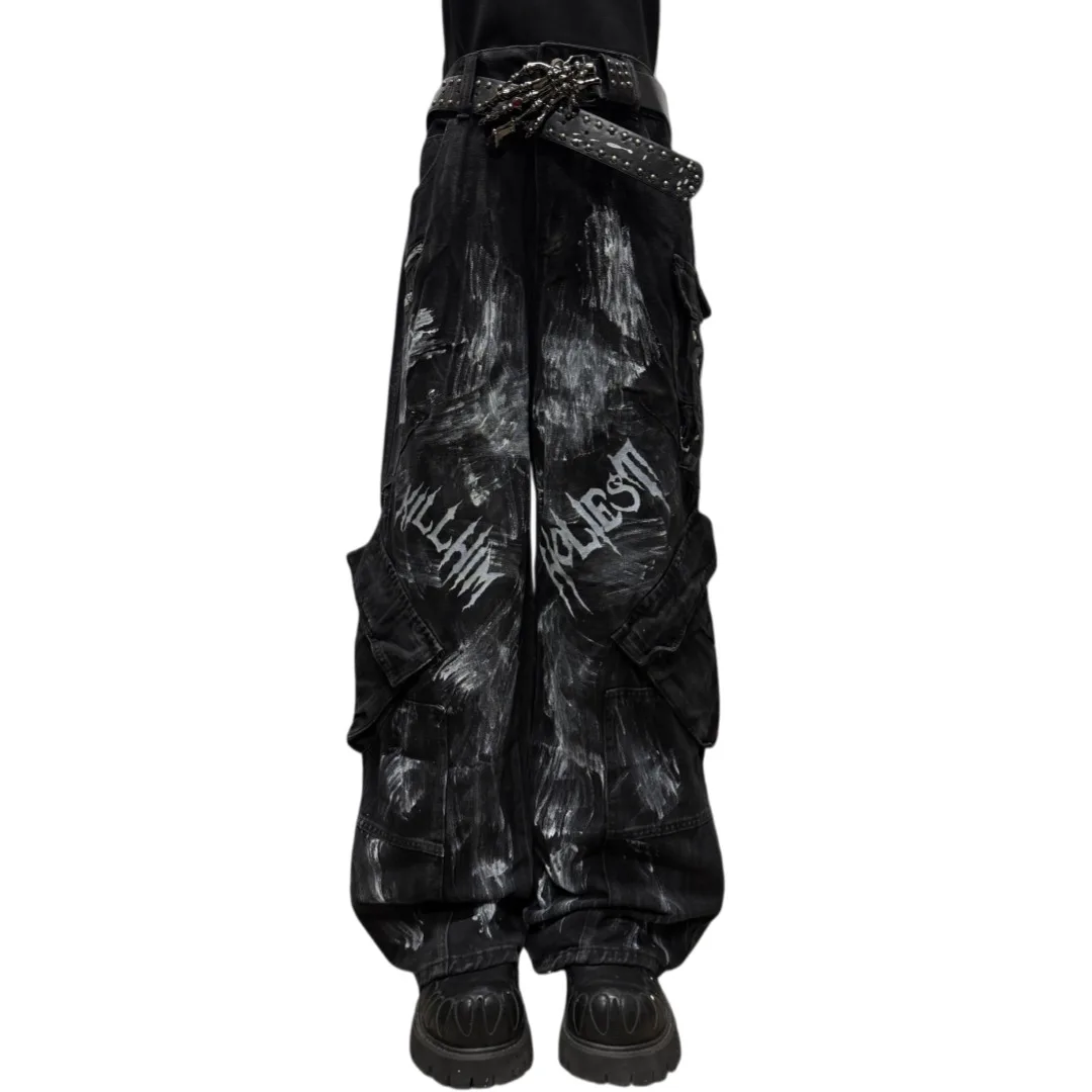 Gothic Punk Jeans For Uniesx 2025 Autumn Man Women Street Hip Hop Jeans Washed Wrinkled Flared Wide Leg Loose Pants
