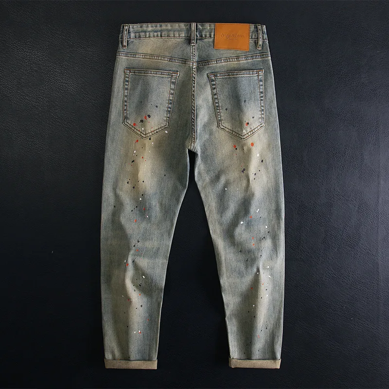 Splashed Ink Piercing Nine Point Jeans for Men, Slim Fit, Small Feet, Elastic Scratch Patch, Retro Trendy Denim Pants