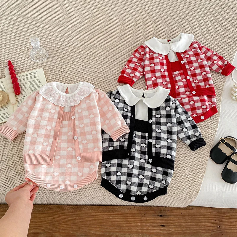 

2024 New Autumn Newborn Baby Girls Clothing Set Long Sleeved Knitted Cardigan+Jumpsuit Toddler Baby Girl Clothes Suit