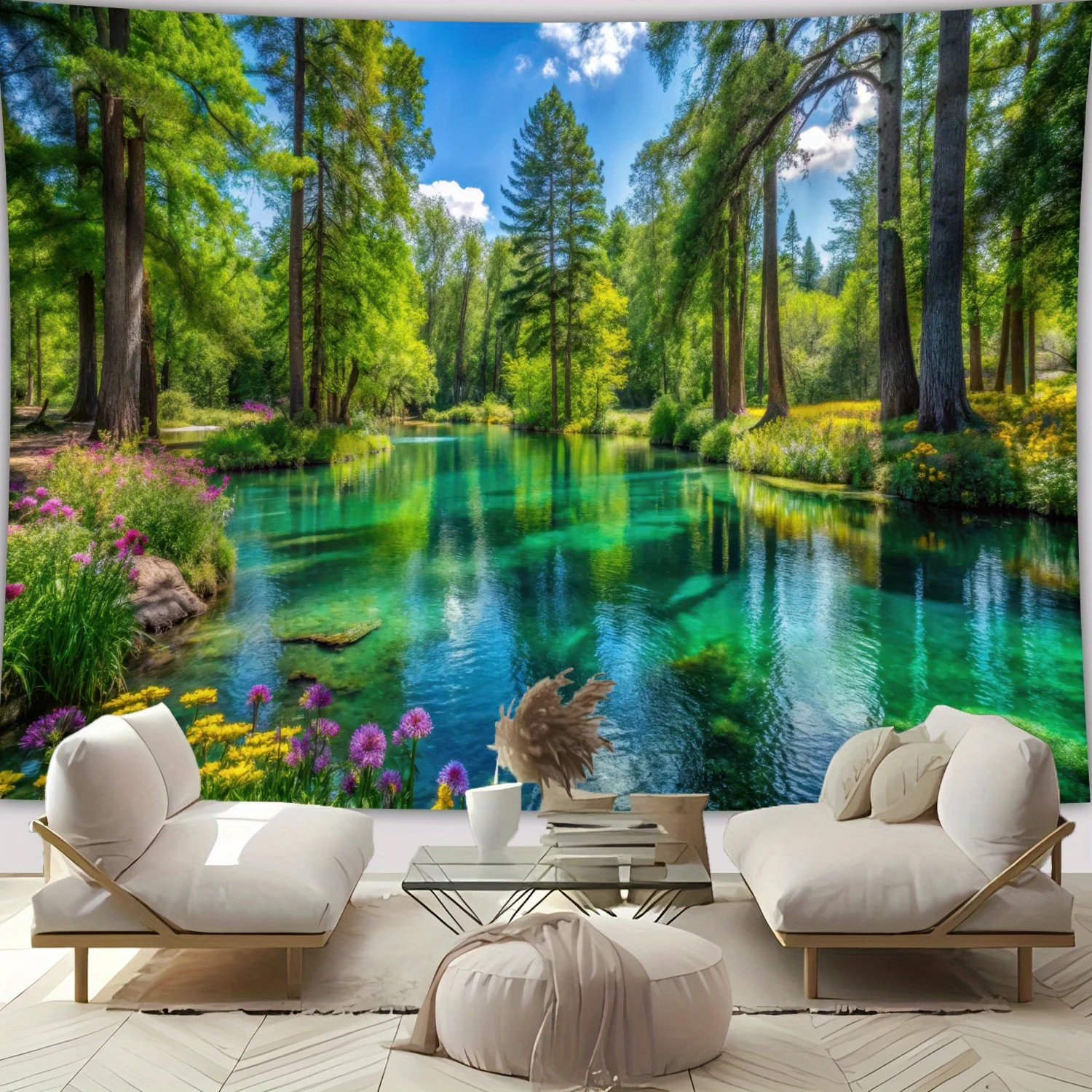 Serene Forest River Tapestry Lush Green Trees Clear Blue Water Natural Tranquility Wall Art for Yoga Studio Spa Relaxation Area