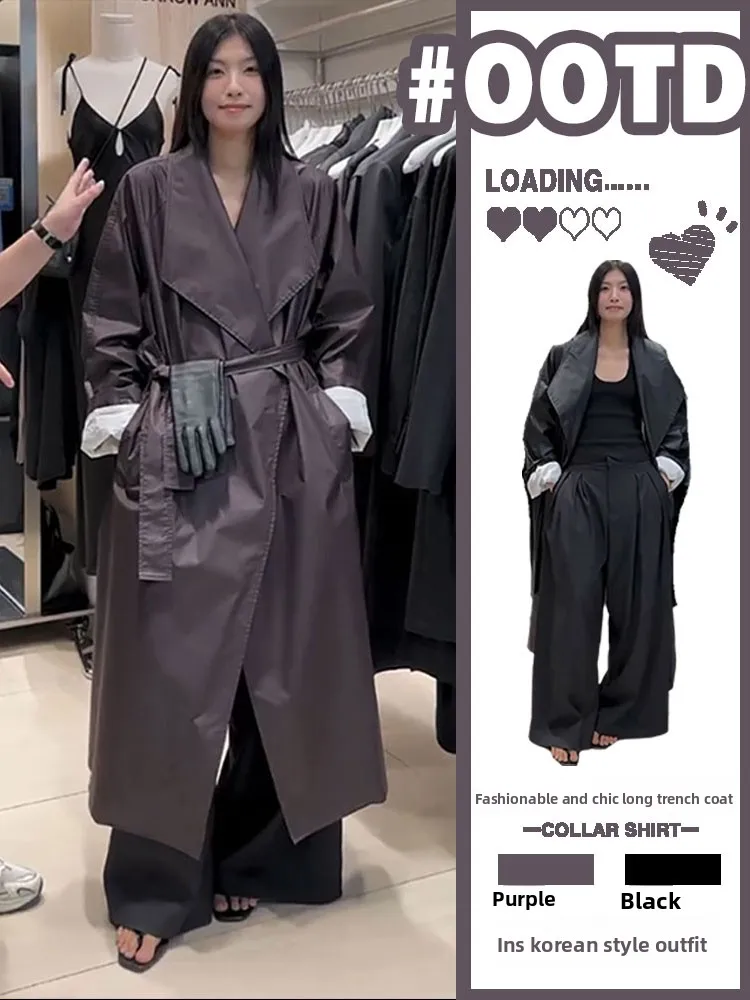 

Retro plus Size Long PU Leather Coat Women's Spring Autumn Sle Belted Waist Casual Loose Windbreaker Outerwear