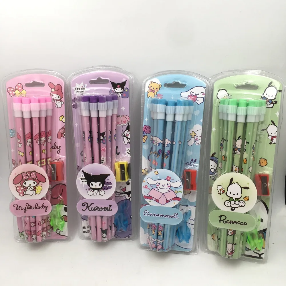 

12pcs/box Sanrio Cinnamoroll Kuromi Cute Cartoon HB Pencils 12 Pencils &1Pencil Roller Stationery Box Set Writing & Drawing